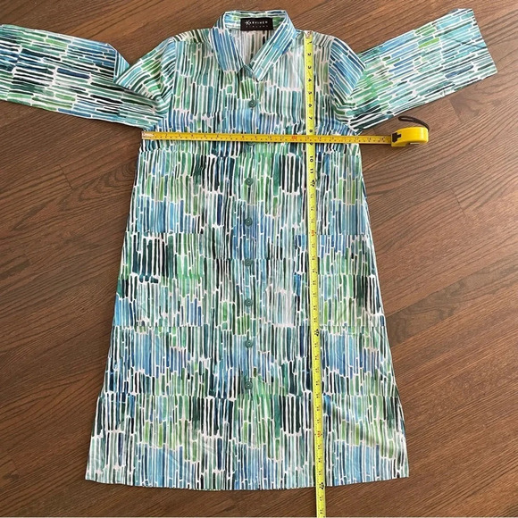 KARVINEN FINLAND button down shirt tunic mini dress green blue white abstract - Picture 9 of 11